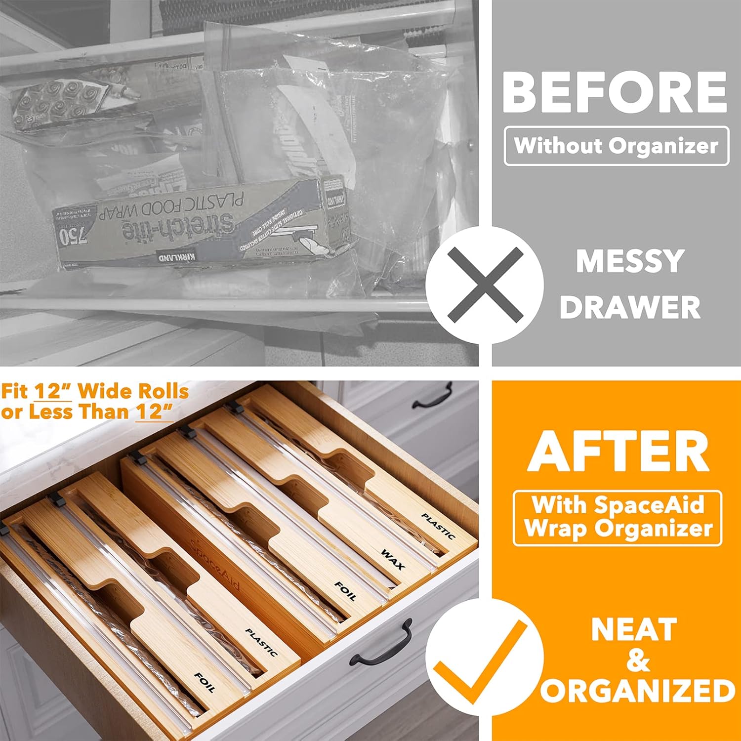 SpaceAid WrapNeat 3 in 1 Wrap Organizer with Cutter and Labels, Plastic Wrap, Aluminum Foil and Wax Bamboo Dispenser for Kitchen Storage Organization Holder for 12" Roll (Natural) - Image 5