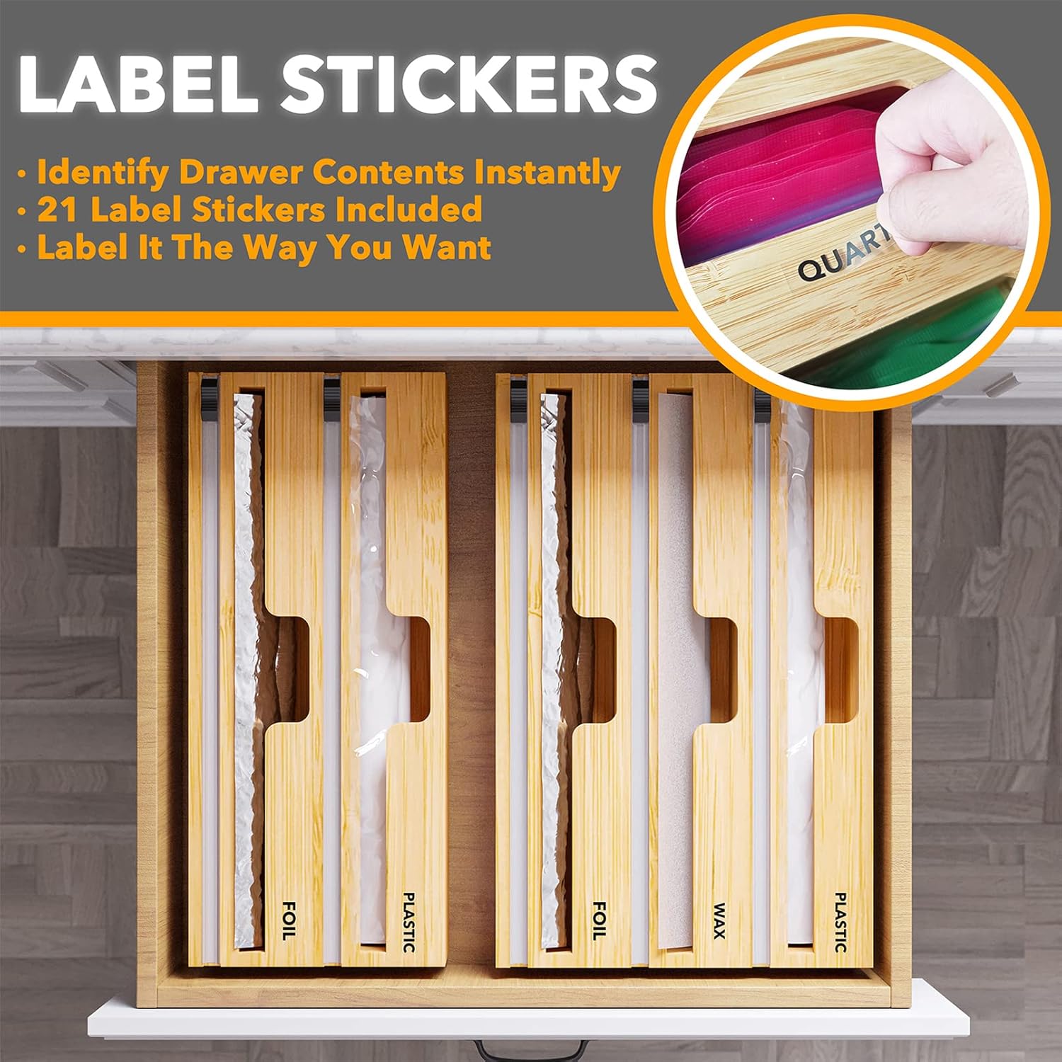 SpaceAid WrapNeat 3 in 1 Wrap Organizer with Cutter and Labels, Plastic Wrap, Aluminum Foil and Wax Bamboo Dispenser for Kitchen Storage Organization Holder for 12" Roll (Natural) - Image 4